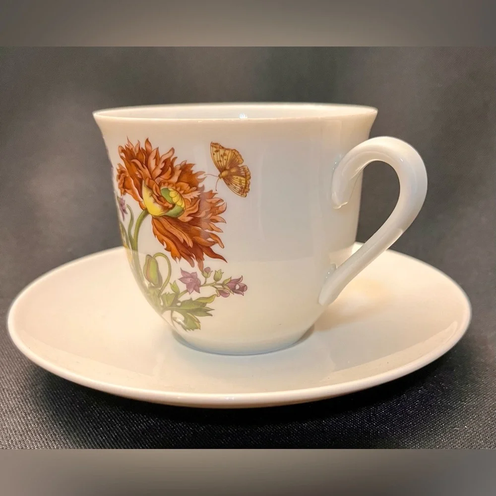 House of Goebel Bavaria West Germany Vintage Floral Teacup Saucer Set Poppy Leaf